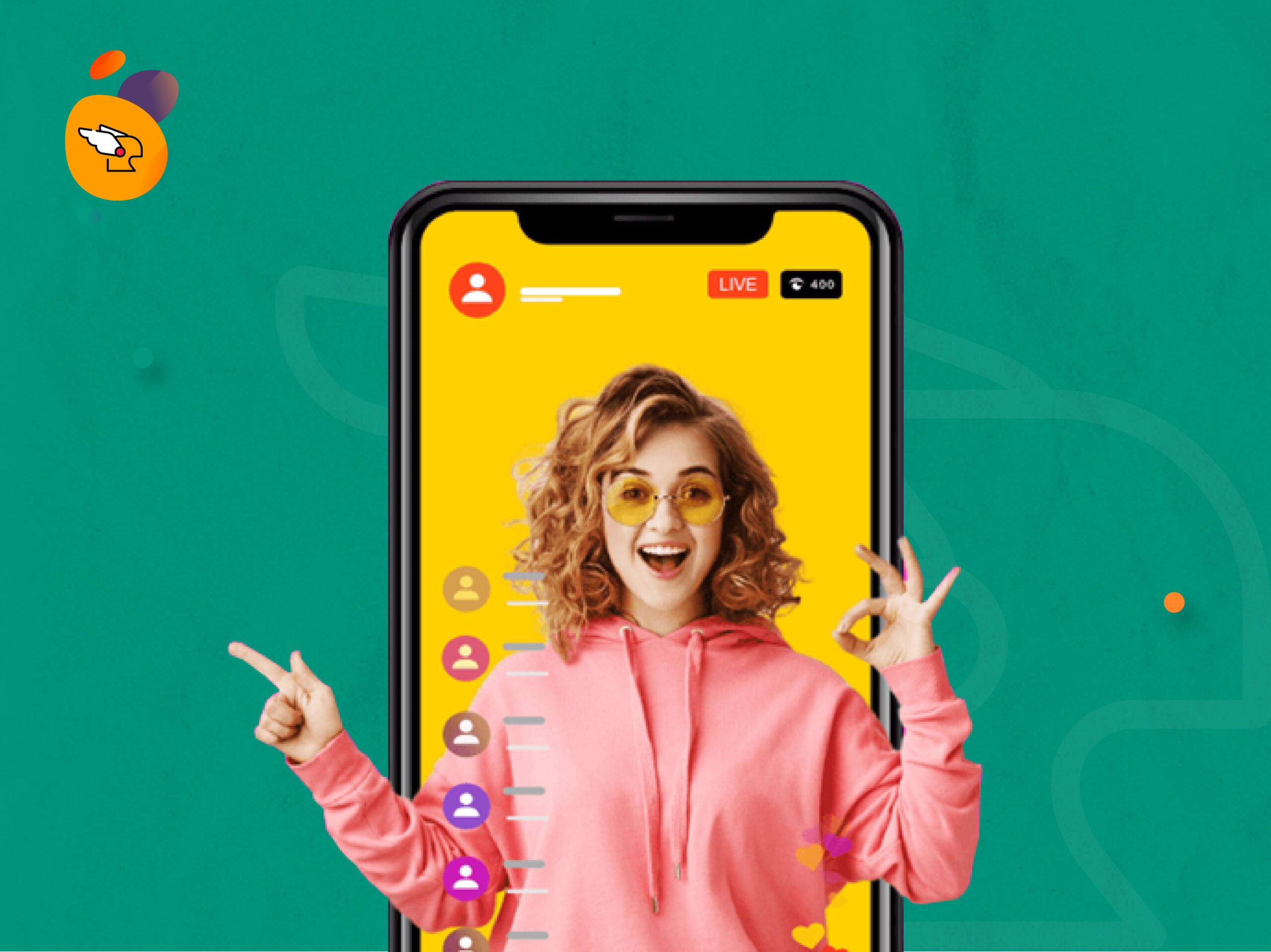 Ilustrasi sebuah smartphone menampilkan siaran langsung (live streaming) seorang wanita ceria berkaus pink dengan latar belakang hijau.