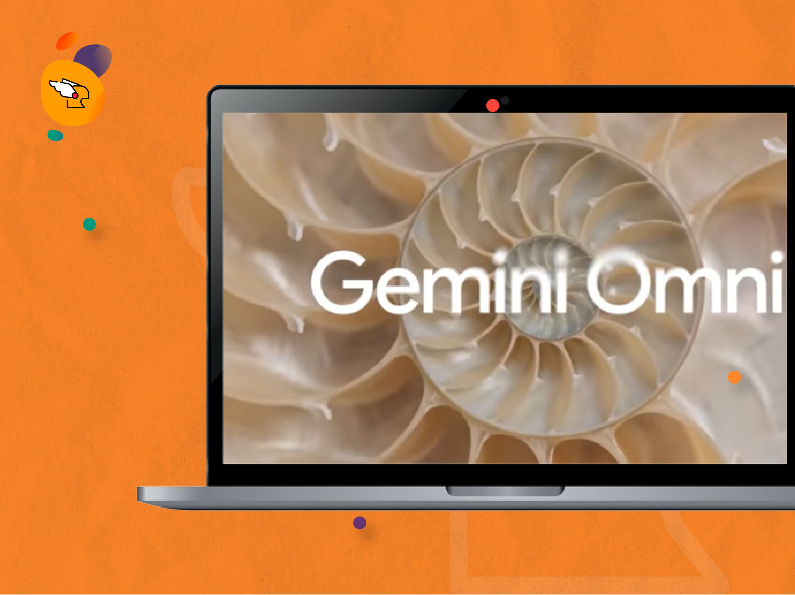 Sebuah laptop menampilkan teks "Gemini Omni" dengan latar belakang pola spiral fraktal alami yang estetik.