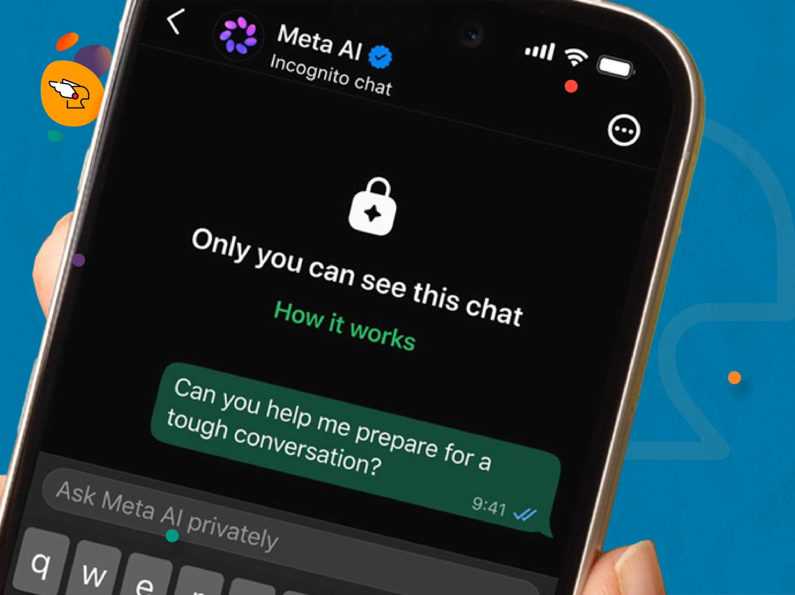 Tampilan layar smartphone yang membuka fitur obrolan rahasia meta incognito di aplikasi Meta AI dengan latar belakang biru.