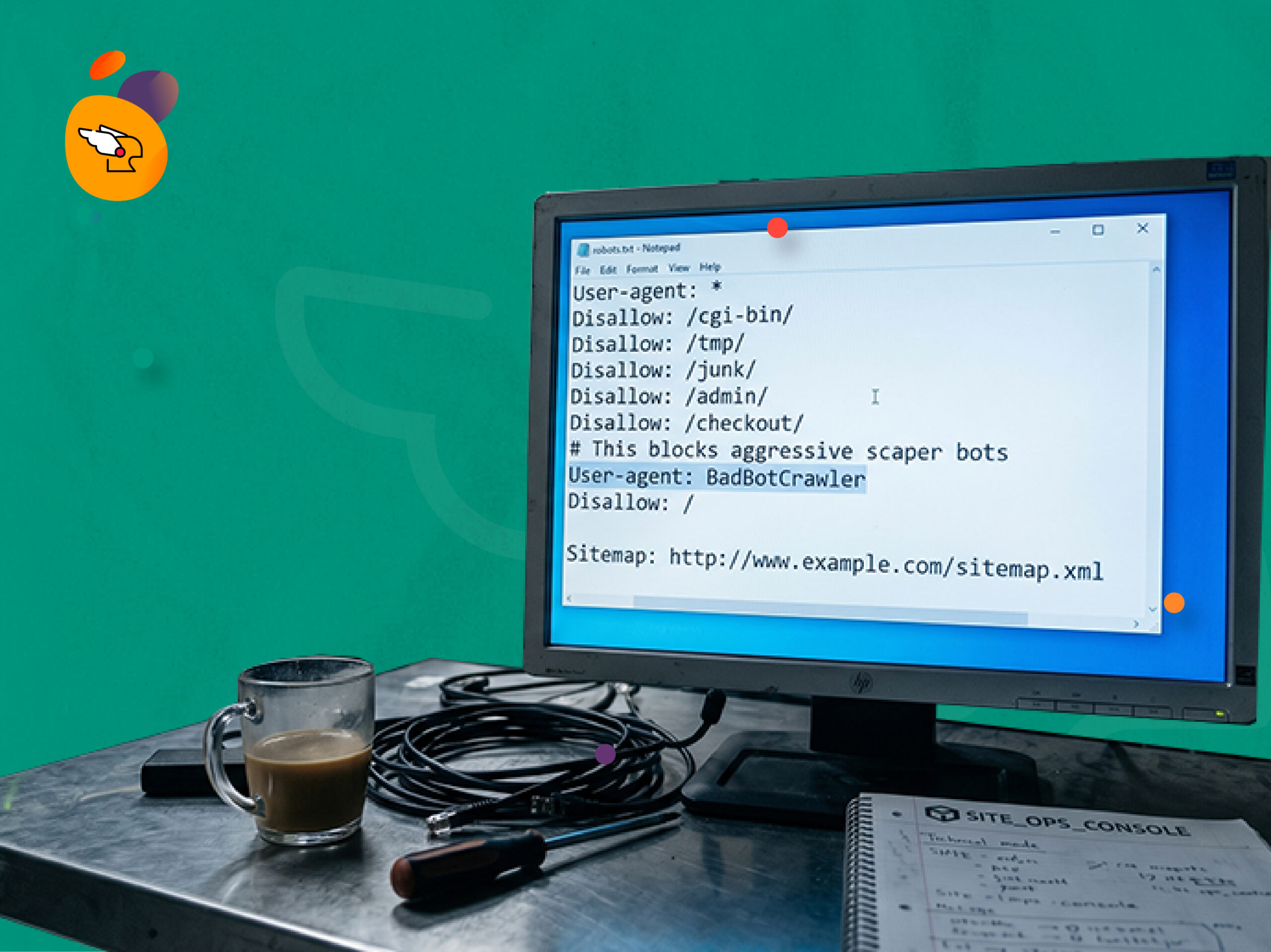 Tampilan layar monitor komputer lama yang membuka dokumen Notepad berisi konfigurasi file robots txt untuk optimasi web.